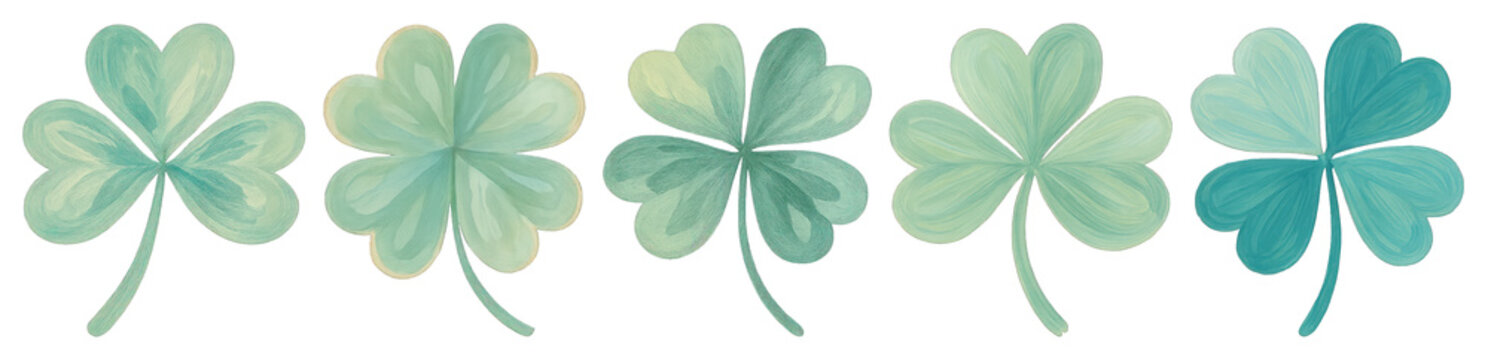 PNG Five watercolor clover leaves, element set on transparent background