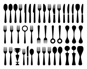 Collection of black silhouettes of various cutlery and utensils