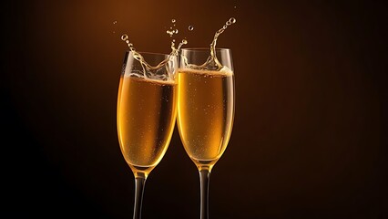 Two champagne glasses capturing the dynamic splash of liquid, illuminated by golden light against a dark gradient backdrop.