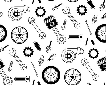 Seamless pattern of car parts and tools in a simple line art style