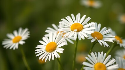 Close-up of fresh daisies with a soft green backdrop, natural light enhancing their delicate beauty.