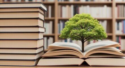 A stack of books with a tree growing out of an open book in a library.