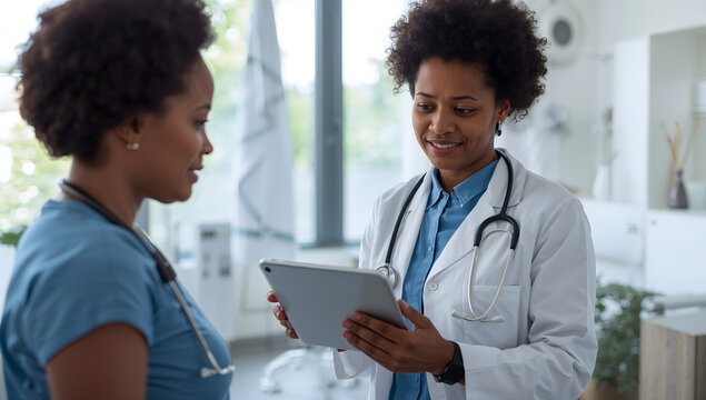 Medical professionals collaborating with a digital tablet in healthcare setting