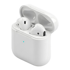 White Wireless Earbuds Charging Case Open on Black Background