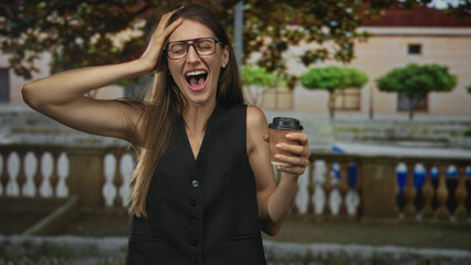Woman holding takeaway coffee cup and raising hand near stone balustrade in front of building;...