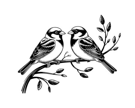 Two sparrows perched on a branch with leaves black and white illustration