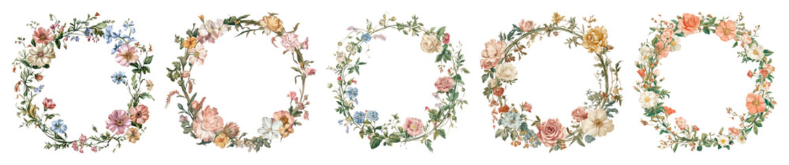 Fototapeta premium PNG Elegant floral wreaths collection, element set on transparent background
