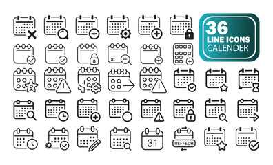 Calendar Line Icon Bundle, Minimal Planner Symbols for Event Management.
