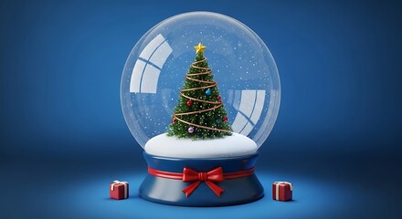 A festive Christmas snow globe with a decorated tree and gifts, set against a blue background.