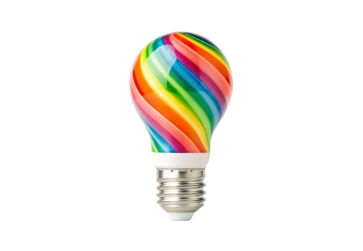 Rainbow striped lightbulb with diagonal color pattern, isolated on a transparent background