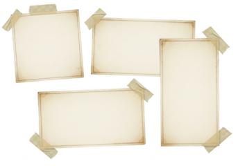 Collection of vintage papers taped isolated on transparent background