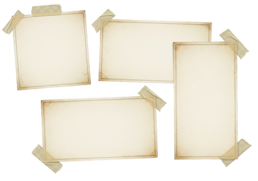 Collection of vintage papers taped isolated on transparent background