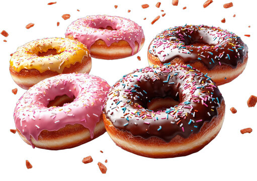Assorted colorful donuts with various toppings and sprinkles