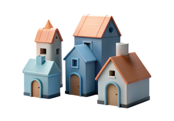 Cluster of pastel miniature houses with coral roofs, isolated on a transparent background