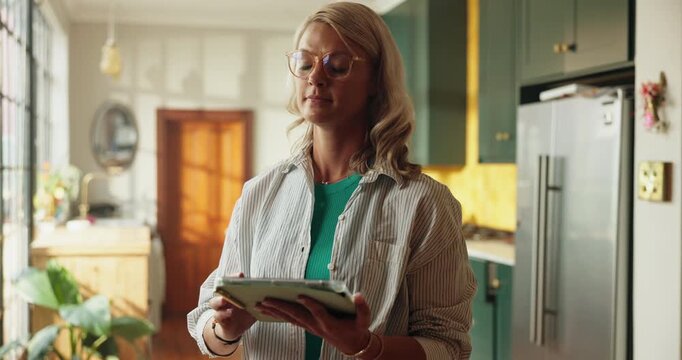 Thinking, scroll or woman in kitchen with tablet, online recipe or cooking tips in internet search. Reflection, glasses or female person in house with tech, blog browse or reading for culinary hack.