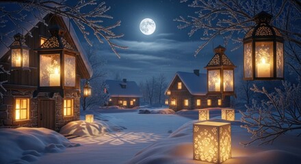 A serene winter night scene with snow-covered houses, lanterns, and a full moon.