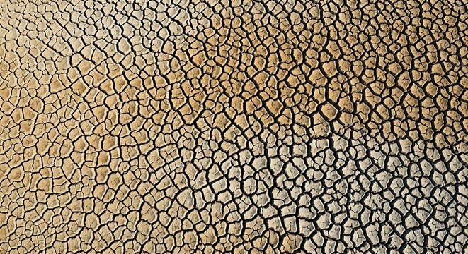 An aerial view pattern of cracked, sun-baked earth. The cracks form a web of irregular, interconnected polygons. The color is a palette of dried earth: pale tan, ochre, and subtle grey.