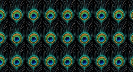 A regular pattern of iconic peacock feather "eyes." Each eye has a brilliant blue-green iris surrounded by a ring of copper and deep blue. The "filaments" extend outwards, connecting the eyes