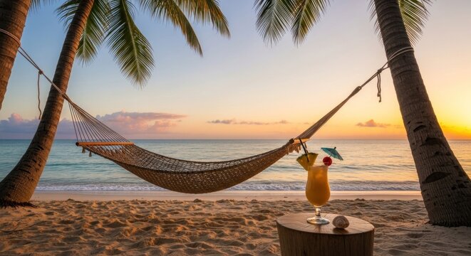 A hammock hanging between two palm trees on a tropical beach at sunset. - Powered by Adobe