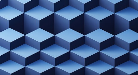 A seamless pattern of isometric cubes, like a 3D grid. Each face of the cube is shaded with a smooth gradient from a deep navy blue to a soft sky blue, creating a sense of depth and light source.