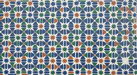 An intricate, traditional Moroccan Zellige tile pattern. Complex, interlocking geometric shapes (stars, crosses) in vibrant cobalt blue, emerald green, and terracotta on a white background.