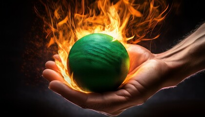 close up of a hand holding a green textured ball surrounded by fiery flames and light trails in motion against a dark background evoking energy and intensity