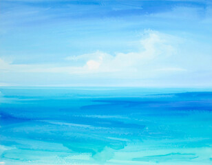 Obraz premium Watercolor painting of a serene ocean with blue hues and soft cloudscape