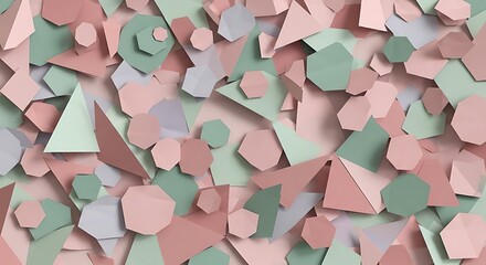 A low-poly pattern of scattered triangles, pentagons, and hexagons in various sizes. The polygons are filled with a muted, pastel color palette (dusty pink, mint, lavender) and have a slight paper