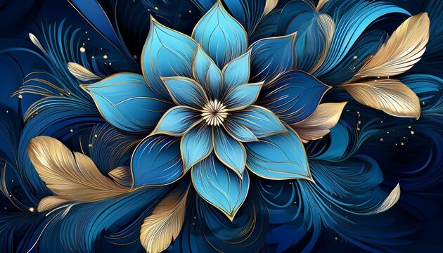 vibrant blue abstract floral pattern with radiating petals and golden accents on a dark background evoking depth and dynamic motion - Powered by Adobe