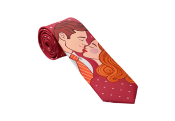 Red romantic necktie rolled featuring illustrated couple kissing with polka dot hearts vintage style, isolated on a transparent background