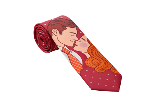 Red romantic necktie rolled featuring illustrated couple kissing with polka dot hearts vintage style, isolated on a transparent background