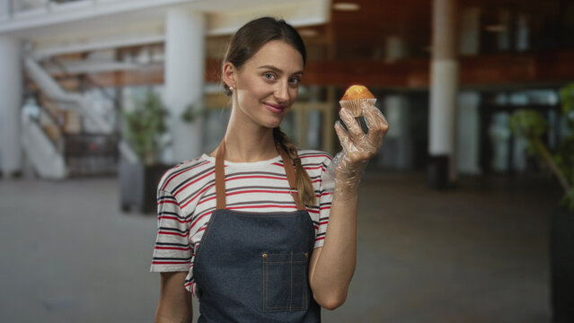 Woman holding muffin with gloved hand in modern building, smiling while presenting baked good; pride in craft.