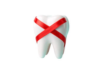 White tooth molar wrapped with red crossed ribbon dental health awareness protection care symbol, isolated on a transparent background