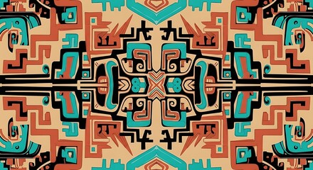 Obraz premiumA bold, symmetrical pattern inspired by Aztec carvings. Stepped frets, bold lines, and simplified animal forms. A color palette of earthy terracotta, turquoise, and black on a sand-colored 