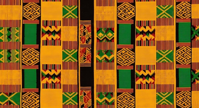 pattern mimicking the woven strips of Kente cloth. Bold, vertical stripes filled with smaller geometric patterns in a vibrant, high-contrast color scheme: yellow, green, red, and black.
