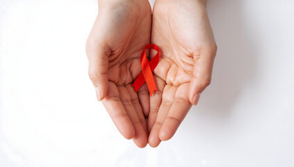 A person's cupped hands gently holding a red awareness ribbon, symbolizing support and solidarity for World AIDS Day
