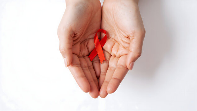 A person's cupped hands gently holding a red awareness ribbon, symbolizing support and solidarity for World AIDS Day