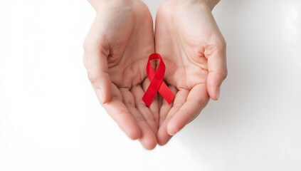 Hands Gently Holding a Red Ribbon Symbol of HIV and AIDS Awareness