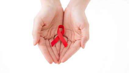 Hands holding a red ribbon, a symbol of awareness for HIV/AIDS, on a white background