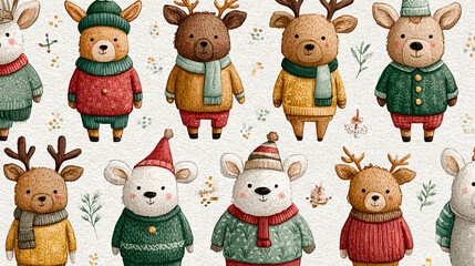 Set of watercolor characters isolated on white background. Cute animal holiday icon element for winter festive decoration.