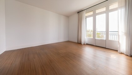 Fototapeta premium minimalist empty room with hardwood flooring white walls and natural light ideal for interior design mockups