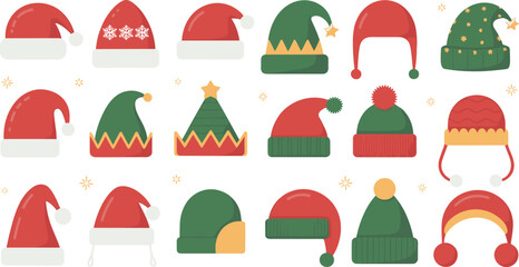 Collection of colorful Christmas hats including Santa hats, elf hats and winter beanies, perfect for holiday decorations, festive graphics and seasonal designs