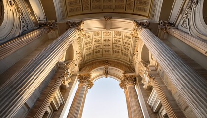 large classical marble arch with fluted columns and intricate carvings illuminated by soft natural light
