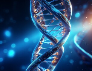 close up view of glowing dna double helix strand with detailed molecular structure floating in a blue luminous space