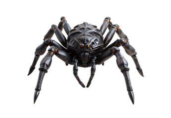 Mechanical spider robot with glowing orange eyes and joints, isolated on a transparent background