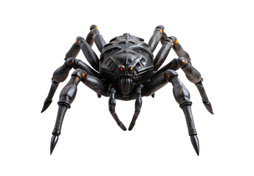 Mechanical spider robot with glowing orange eyes and joints, isolated on a transparent background