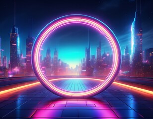 neon ring portal in futuristic cityscape at night