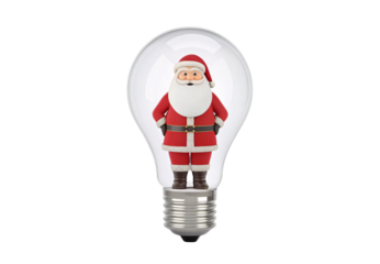 Santa Claus figure encased inside a clear light bulb, isolated on a transparent background