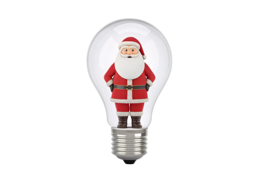 Santa Claus figure encased inside a clear light bulb, isolated on a transparent background