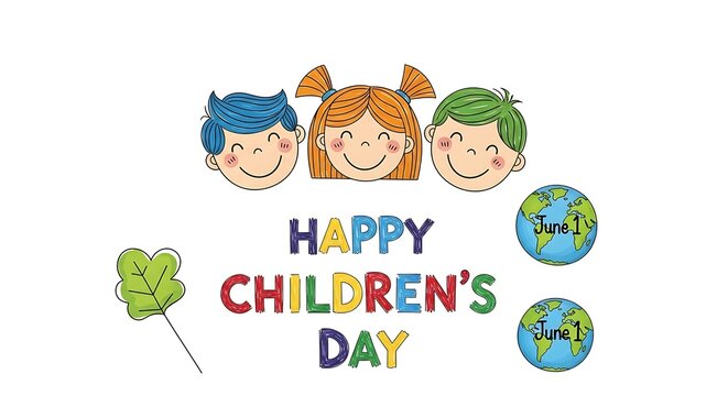 Three smiling children faces with Happy Children's Day text and globes greeting